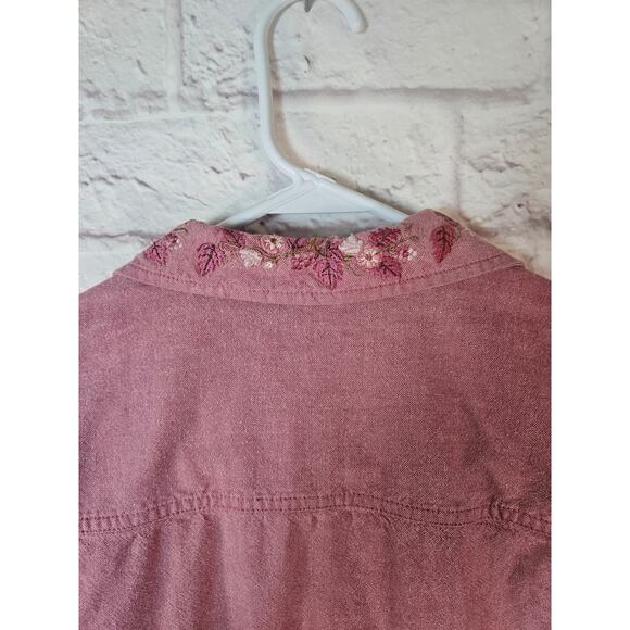 Blair Women's Button Front Shirt Dusty Rose Embroidered Collar Pocket Med - Picture 6 of 9